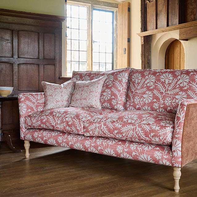 Brunel 3 Seater Sofa in Gertrude Jekyll Meadow Flower Reversed Terracotta with Back and Sides in Mohair Kiln and Scatters in Gertrude Jekyll Ornamental Terracotta